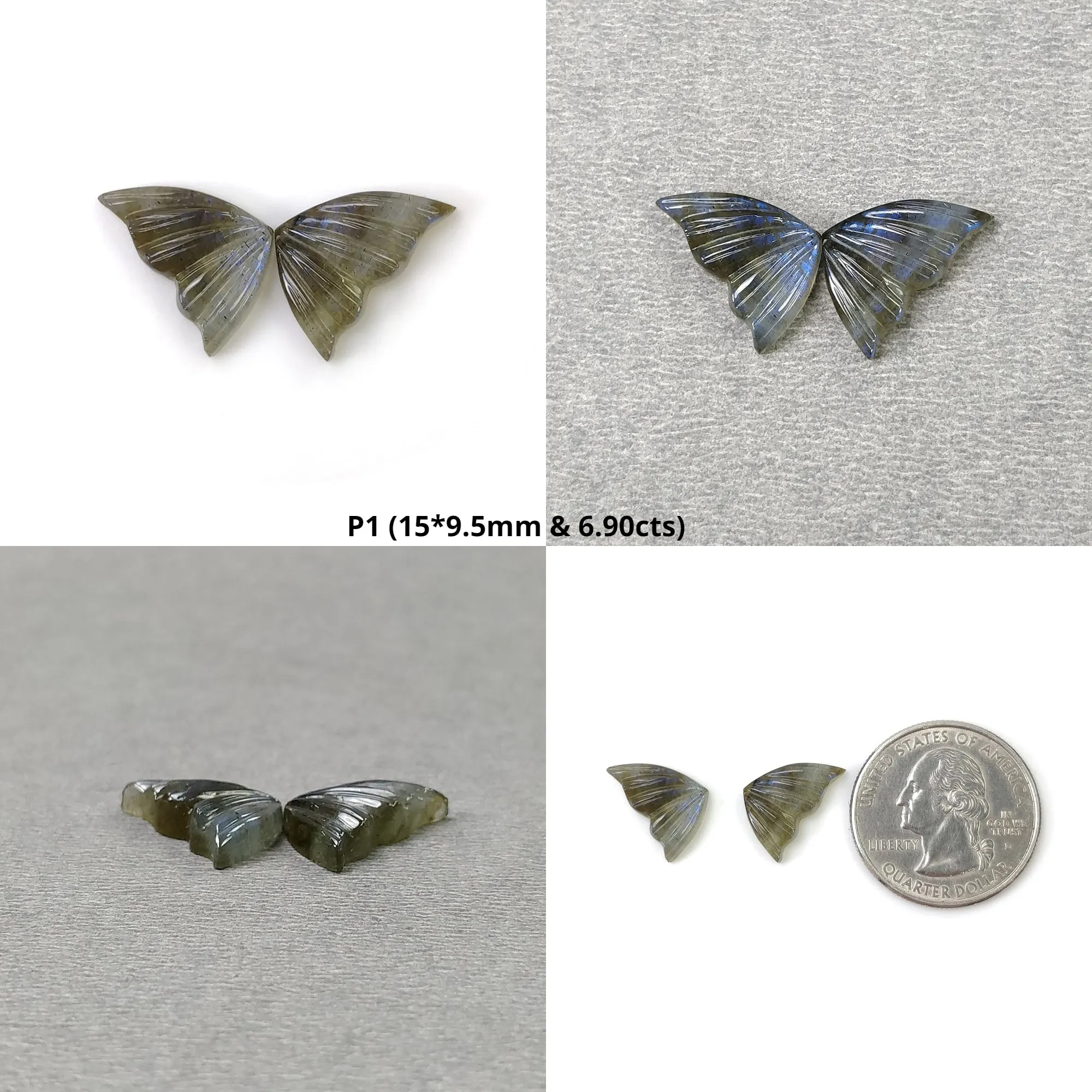 LABRADORITE Gemstone Carving : Natural Untreated Unheated Labradorite Hand Carved Butterfly Pair