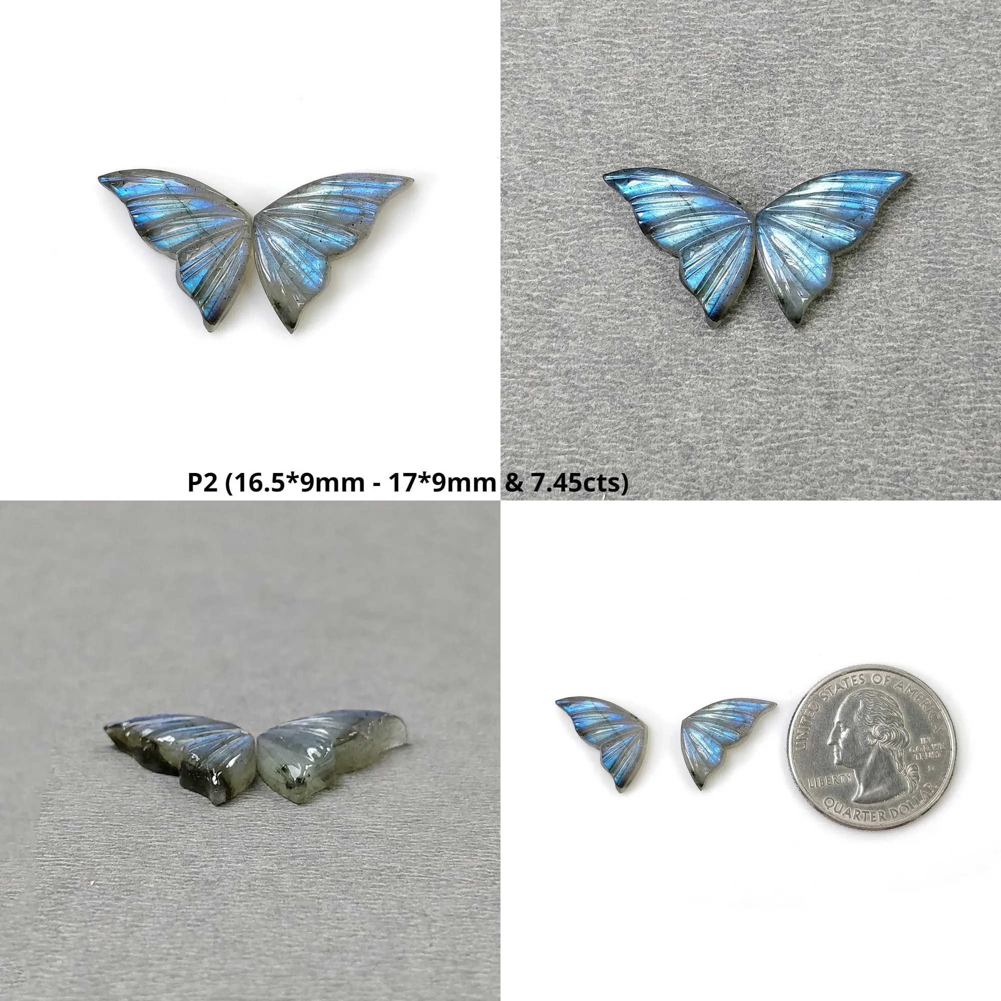 LABRADORITE Gemstone Carving : Natural Untreated Unheated Labradorite Hand Carved Butterfly Pair