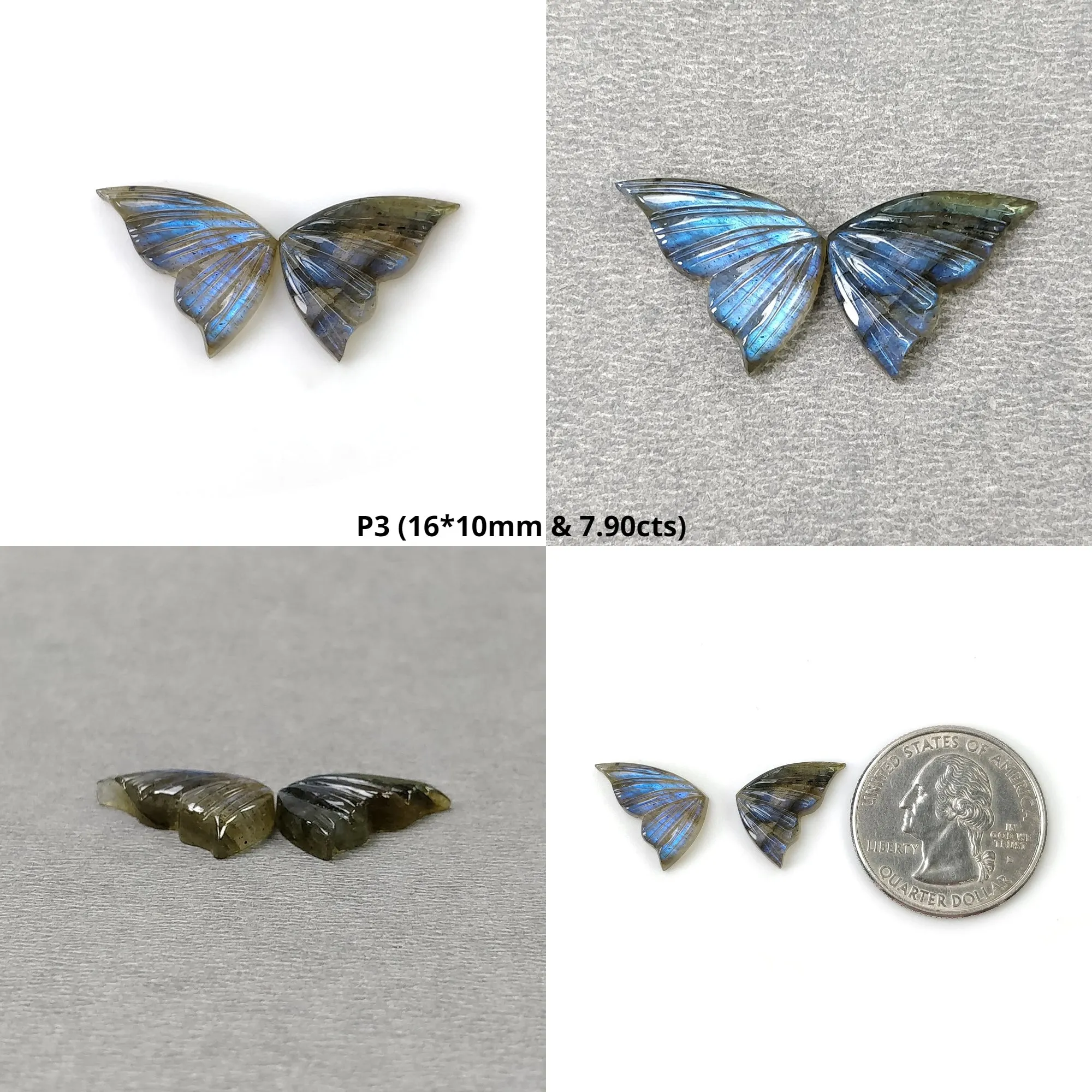 LABRADORITE Gemstone Carving : Natural Untreated Unheated Labradorite Hand Carved Butterfly Pair