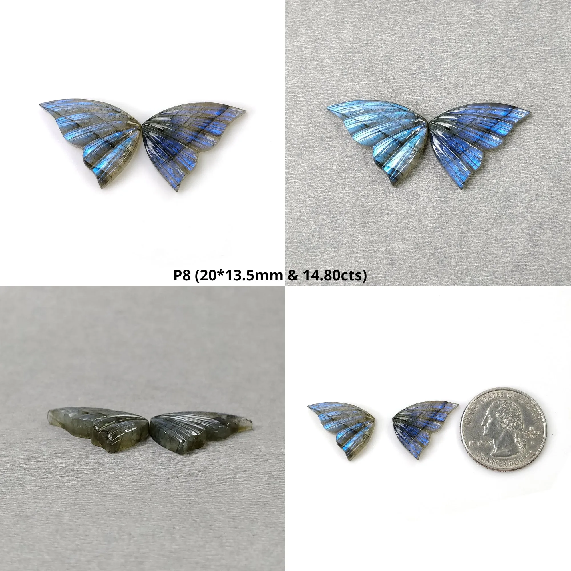 LABRADORITE Gemstone Carving : Natural Untreated Unheated Labradorite Hand Carved Butterfly Pair