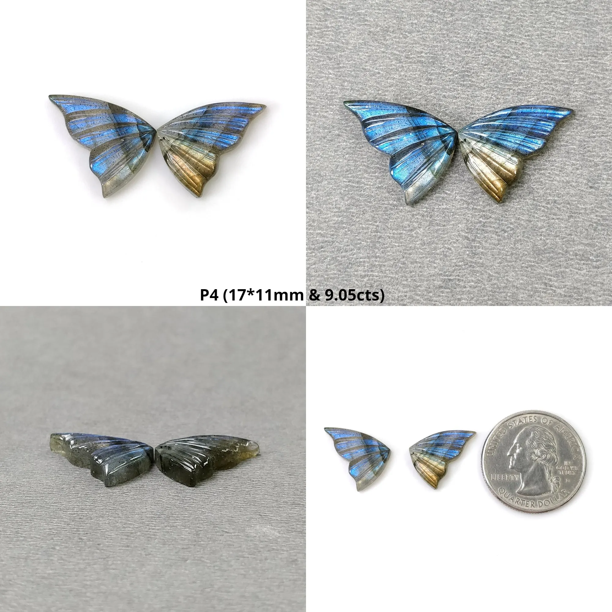 LABRADORITE Gemstone Carving : Natural Untreated Unheated Labradorite Hand Carved Butterfly Pair