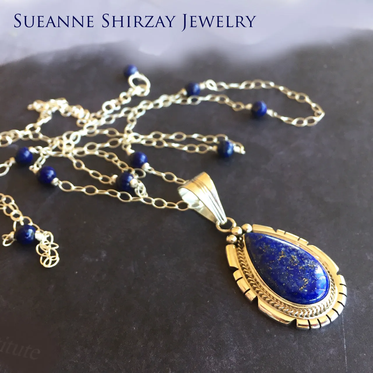 Lapis Lazuli Feather Back Pendant Necklace, OOAK, Heirloom