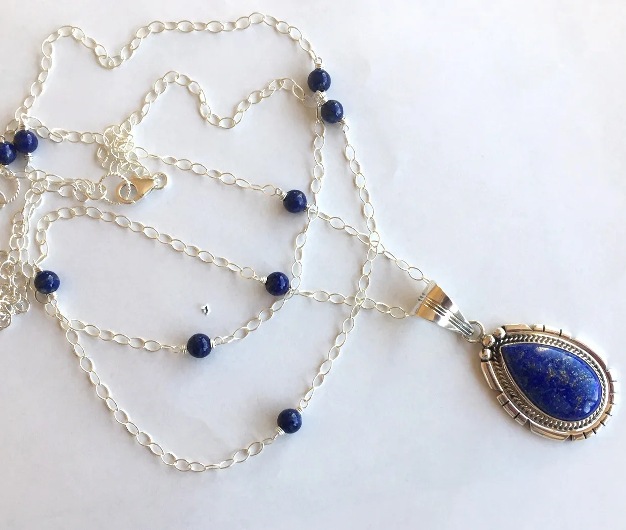 Lapis Lazuli Feather Back Pendant Necklace, OOAK, Heirloom