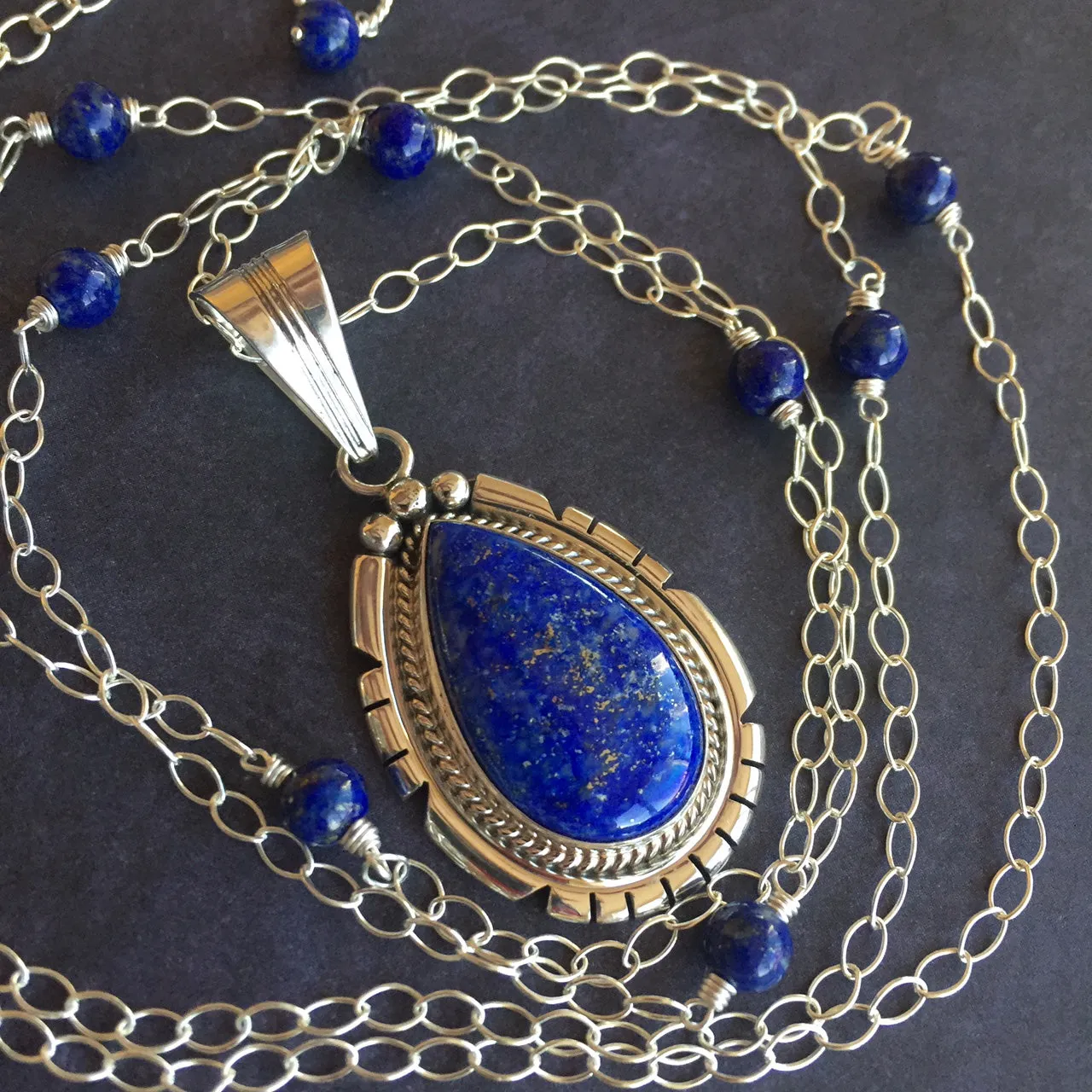 Lapis Lazuli Feather Back Pendant Necklace, OOAK, Heirloom