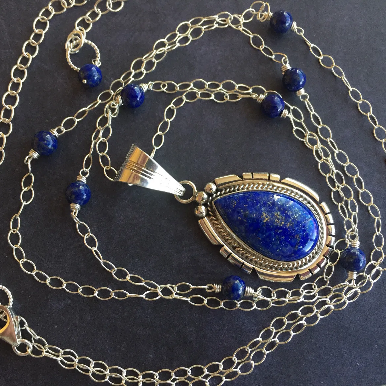 Lapis Lazuli Feather Back Pendant Necklace, OOAK, Heirloom