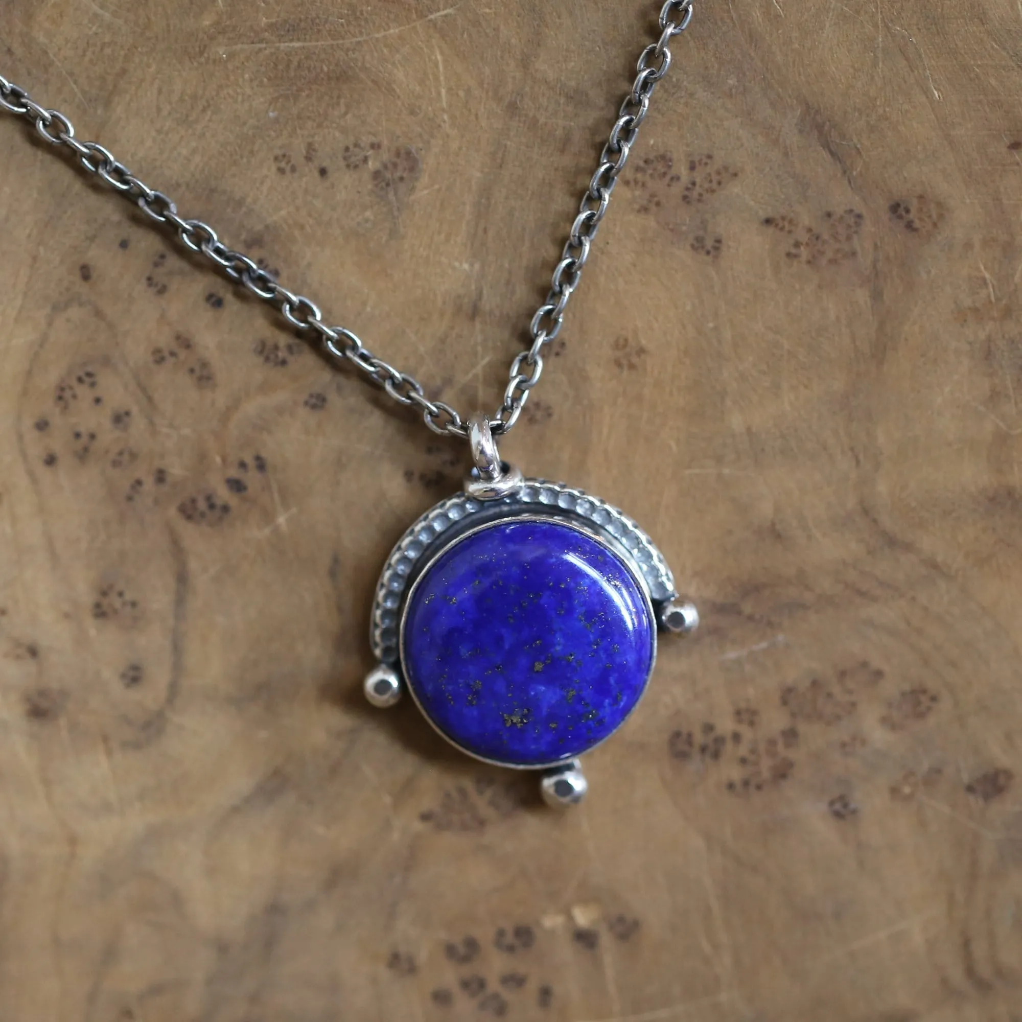 Lapis Lazuli Necklace - Silversmith Lapis Lazuli Pendant - Textured Sterling Silver