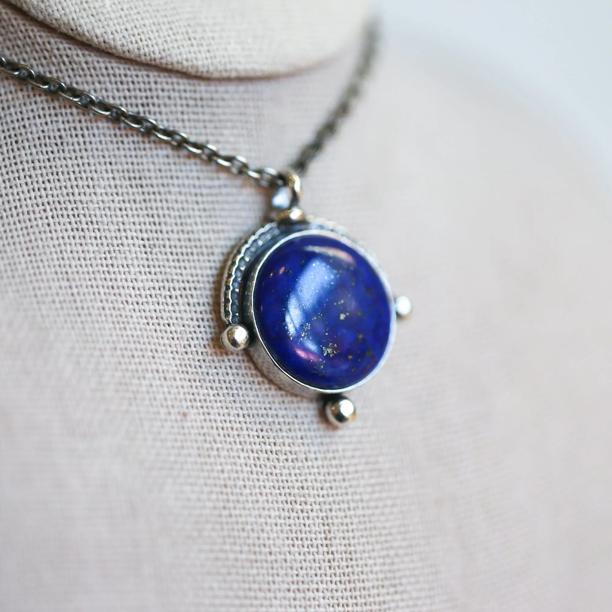 Lapis Lazuli Necklace - Silversmith Lapis Lazuli Pendant - Textured Sterling Silver