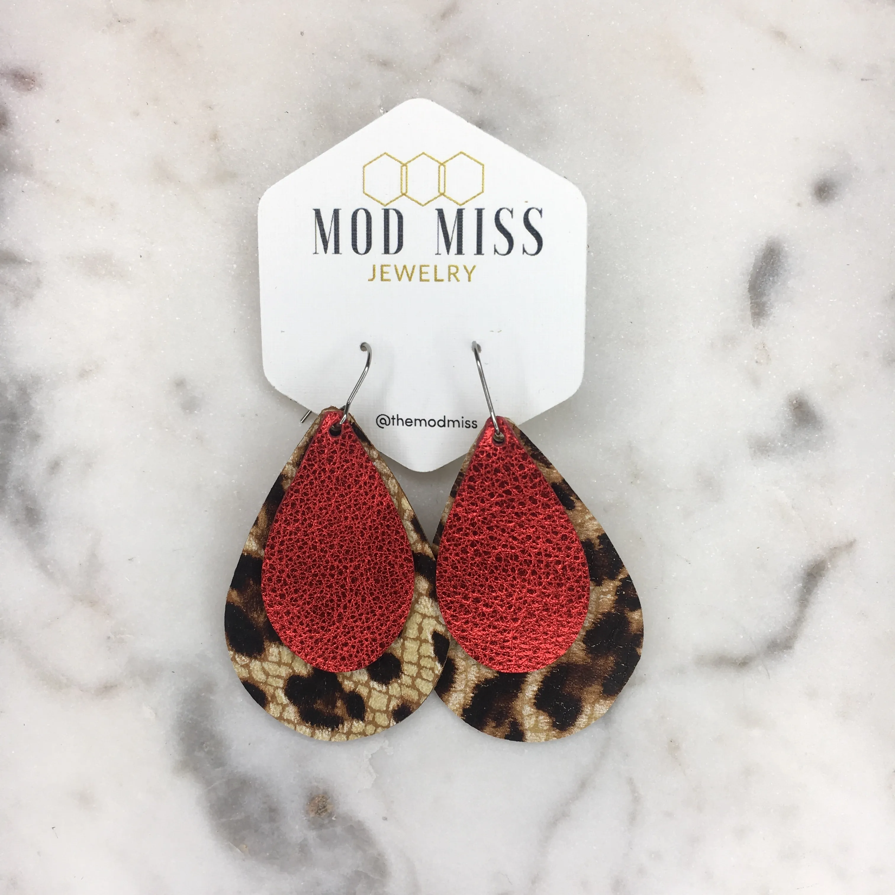 Leather Stacked Teardrop Earring Leopard Crackle Metallic Red