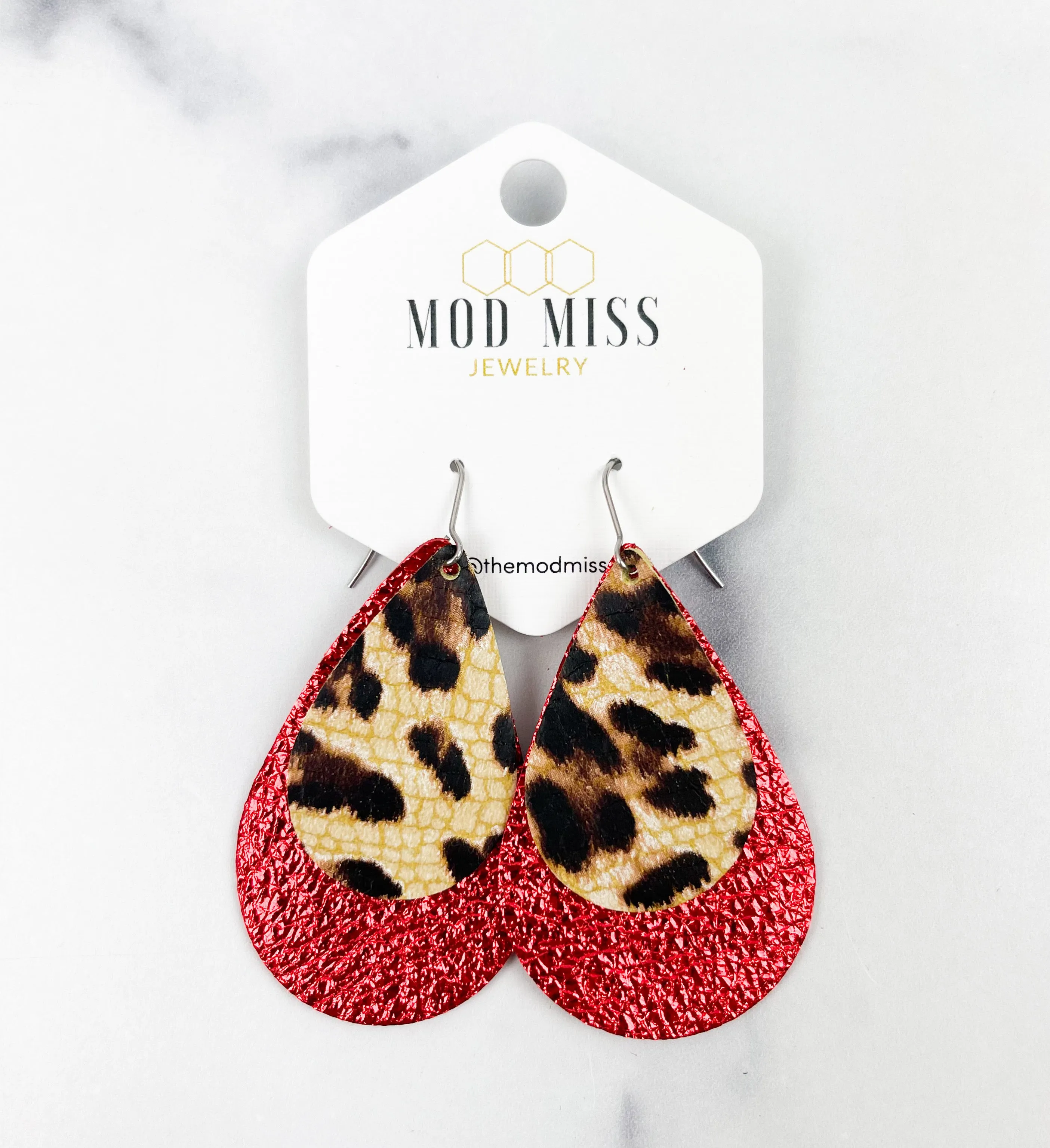 Leather Stacked Teardrop Earring Leopard Crackle Metallic Red