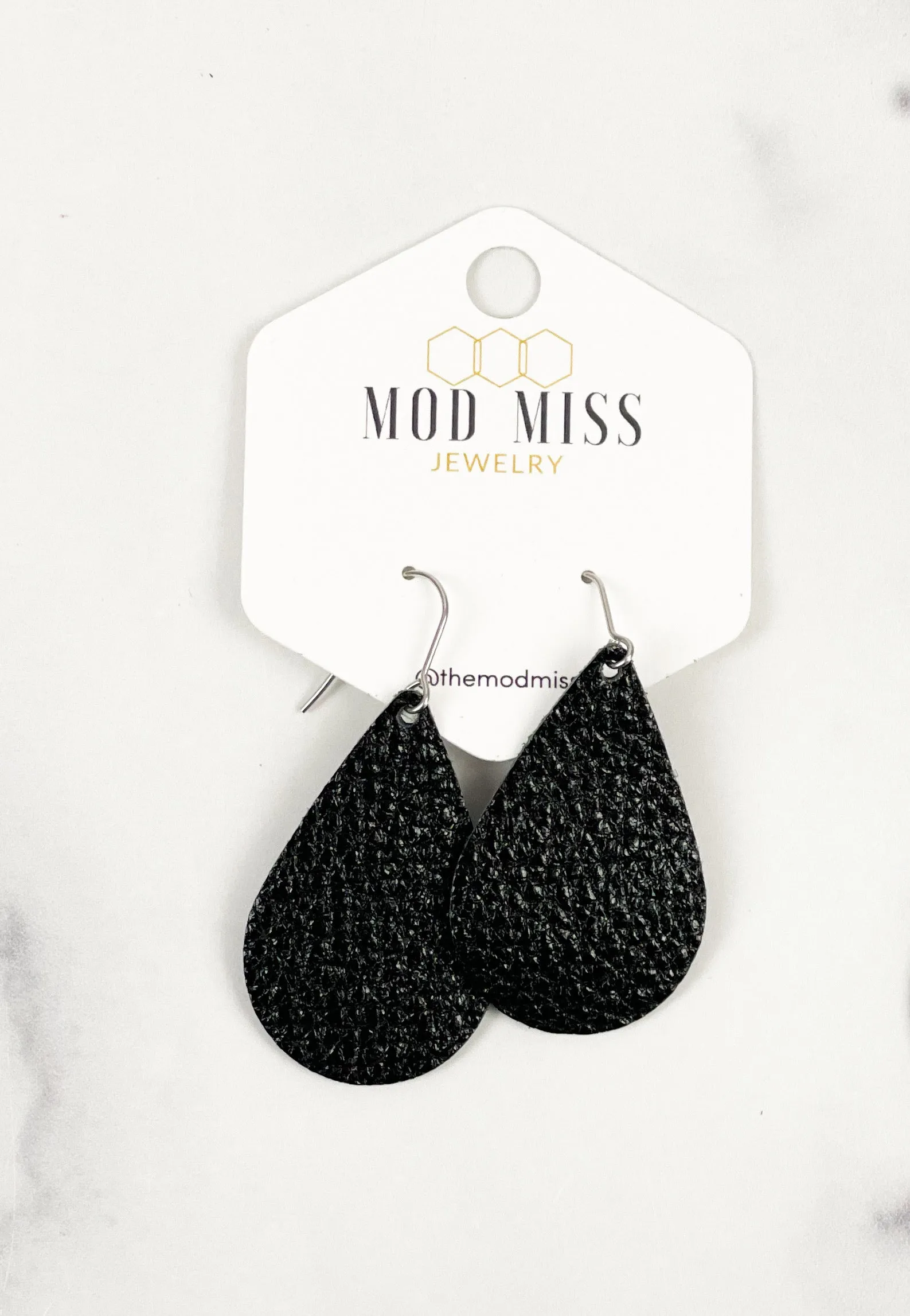 Leather Teardrop Earring Metallic Black