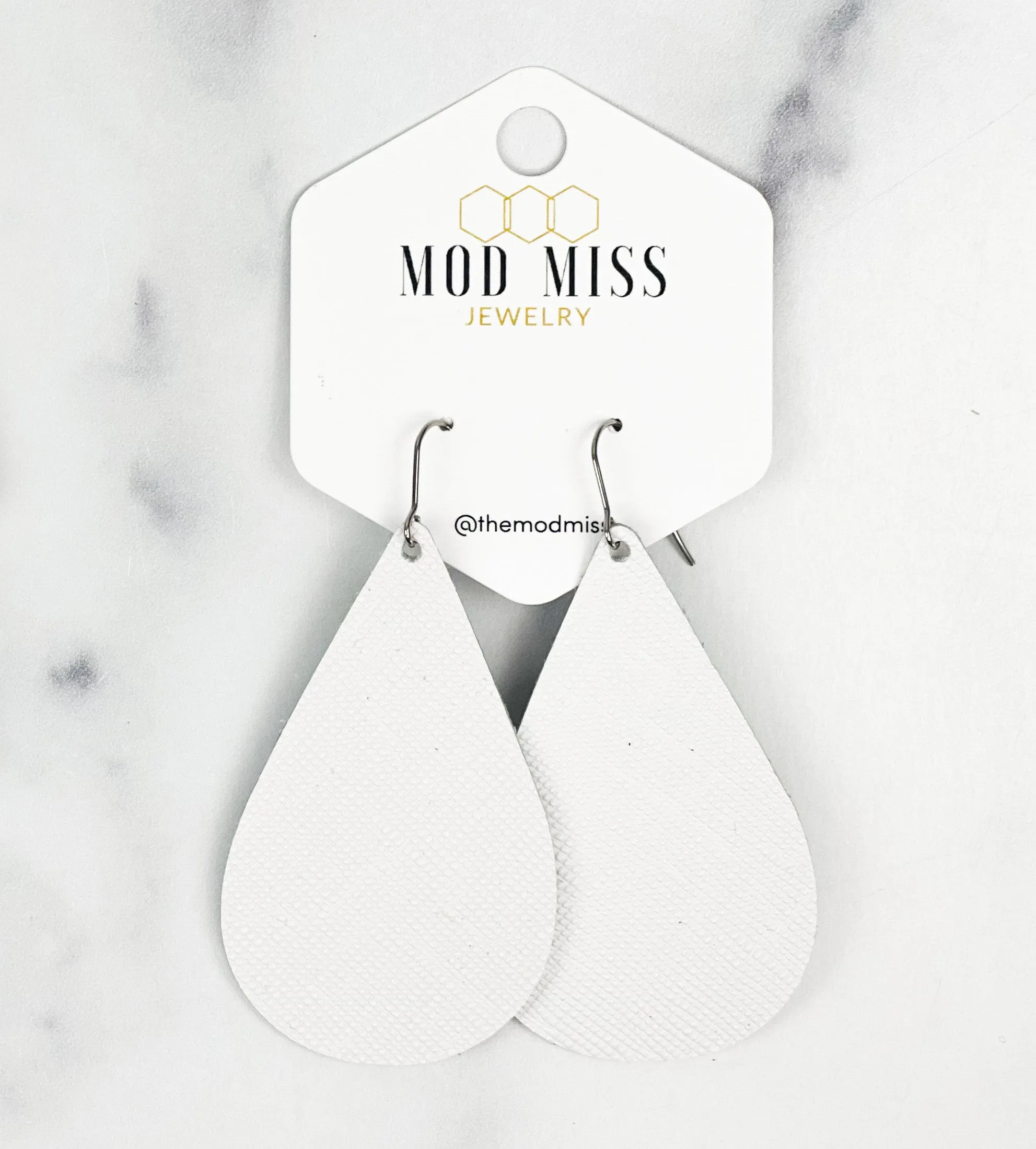 Leather Teardrop Earring Saffiano White