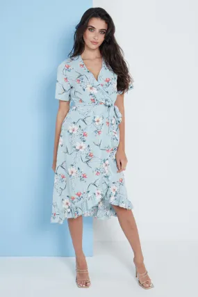 Lilura London Floral Frill Midi Wrap Dress In Blue