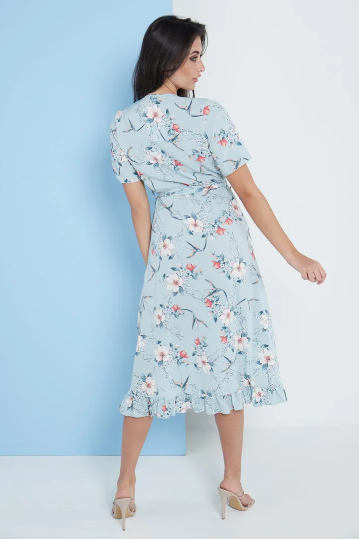 Lilura London Floral Frill Midi Wrap Dress In Blue