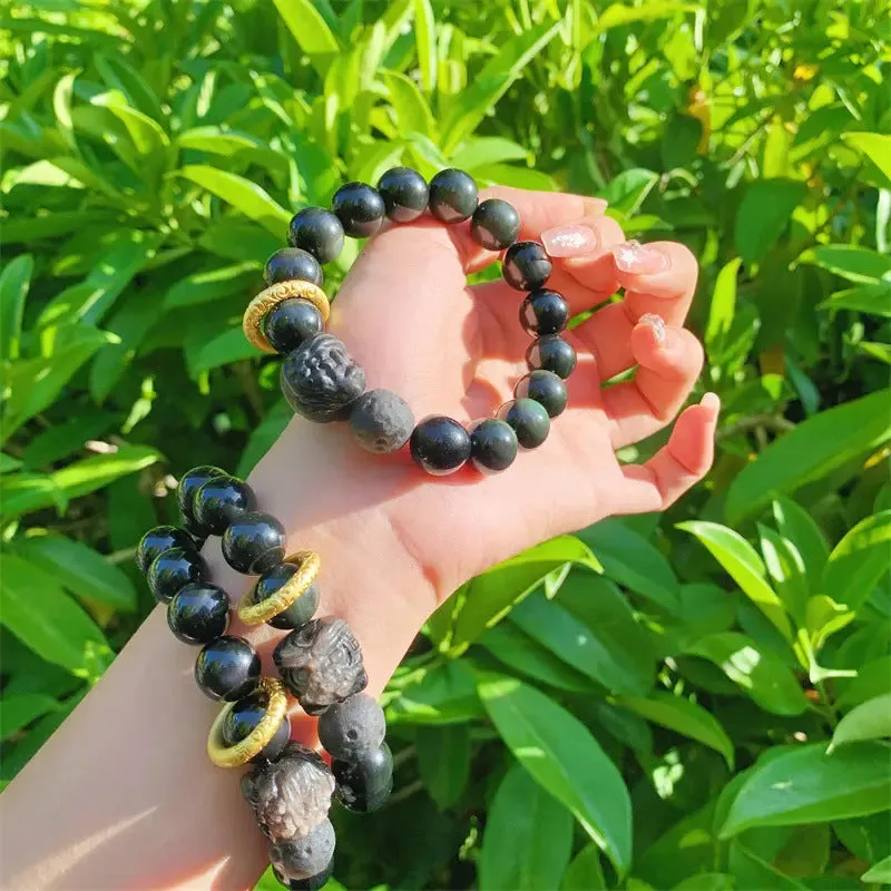 Lion Awakening Chakra Stone Silver Obsidian Bracelet