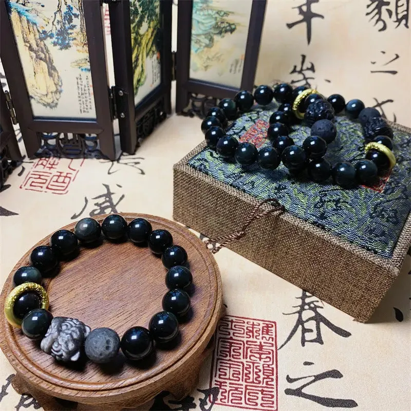 Lion Awakening Chakra Stone Silver Obsidian Bracelet