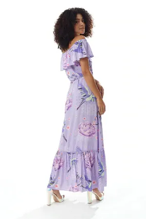 Liquorish Floral And Bird Print Off Shoulder Maxi Dress