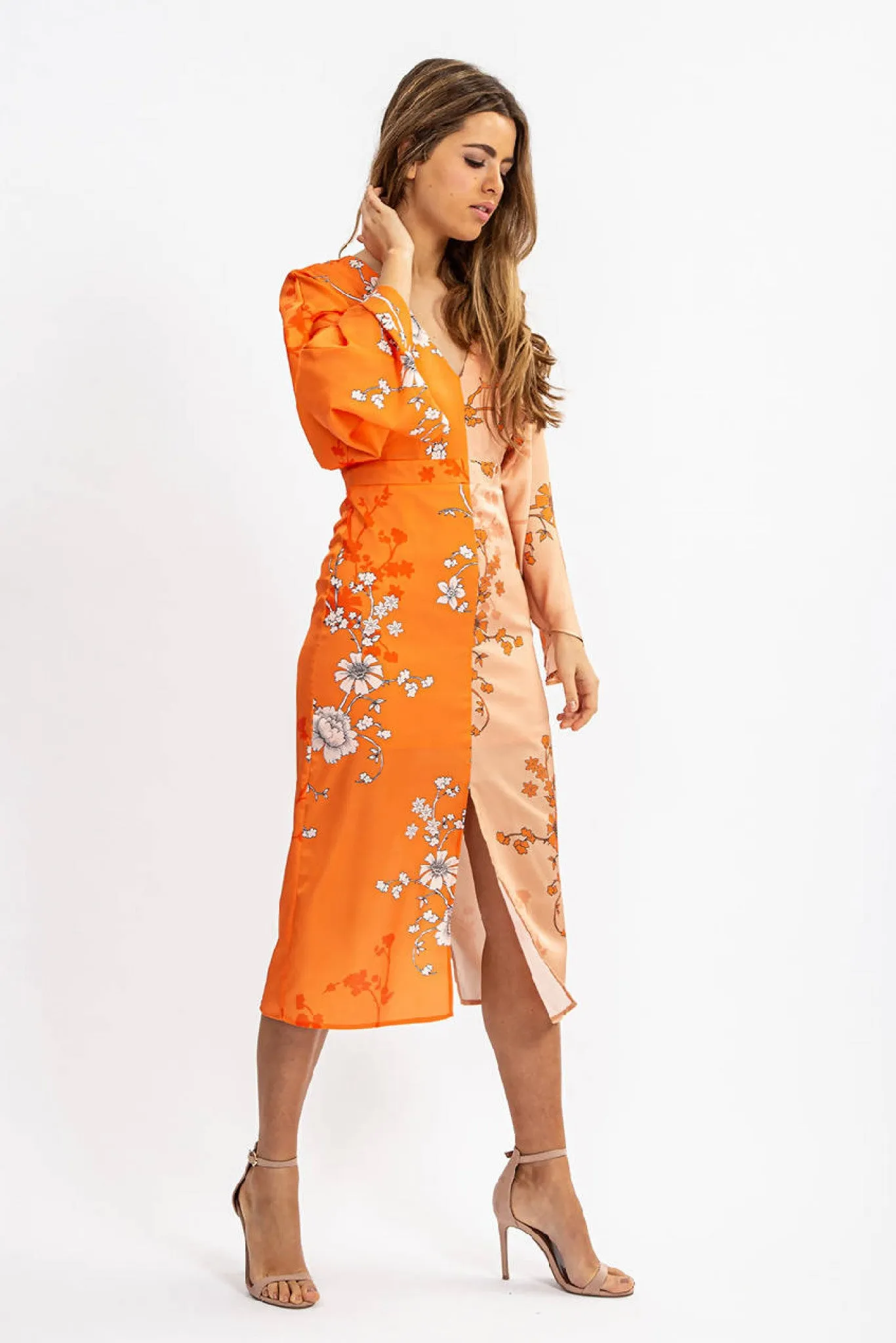 Liquorish Kimono Dress In Orange And Beige Oriental Print