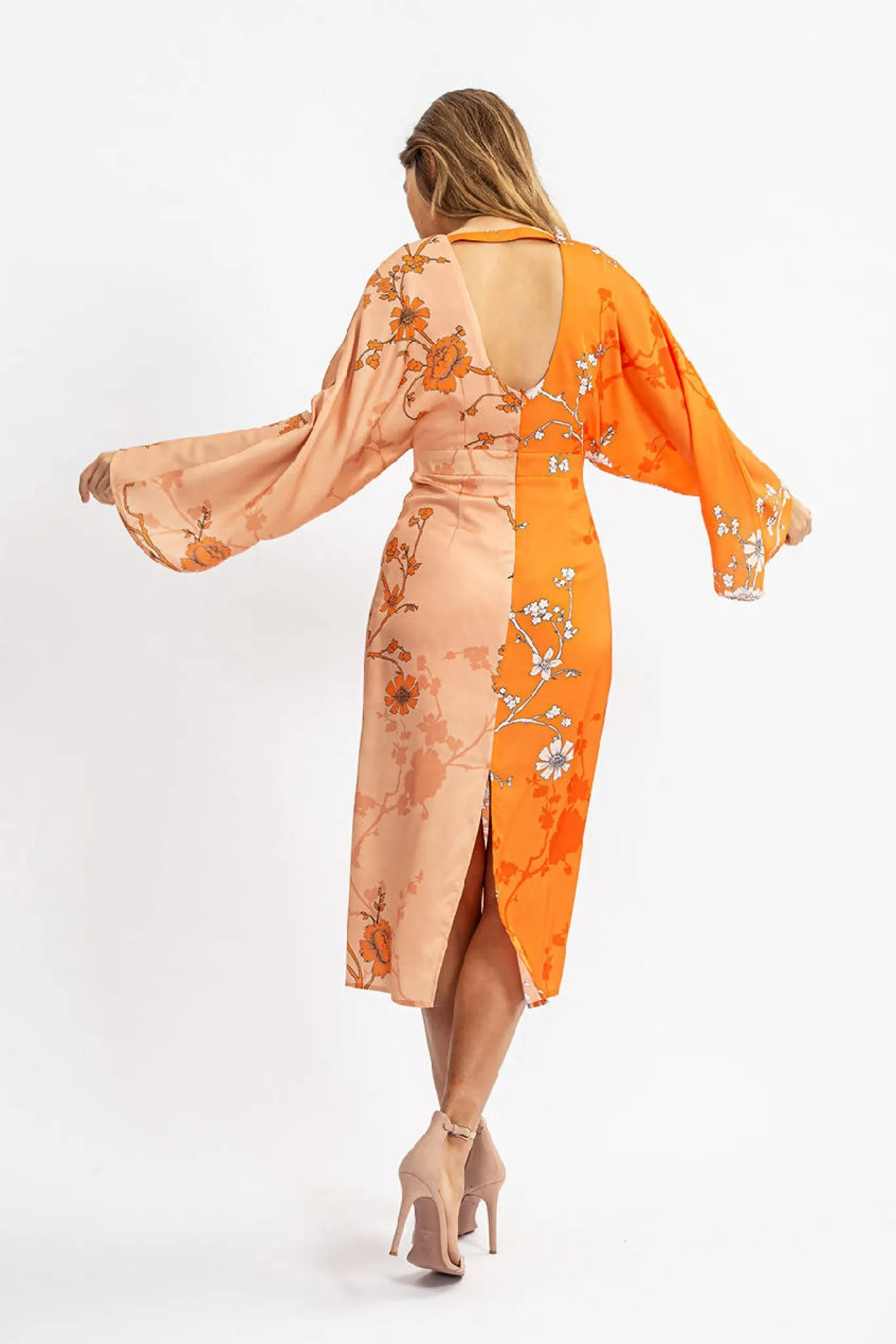 Liquorish Kimono Dress In Orange And Beige Oriental Print