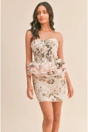 Mary Kate Floral Print Corset Ruffle Peplum Dress