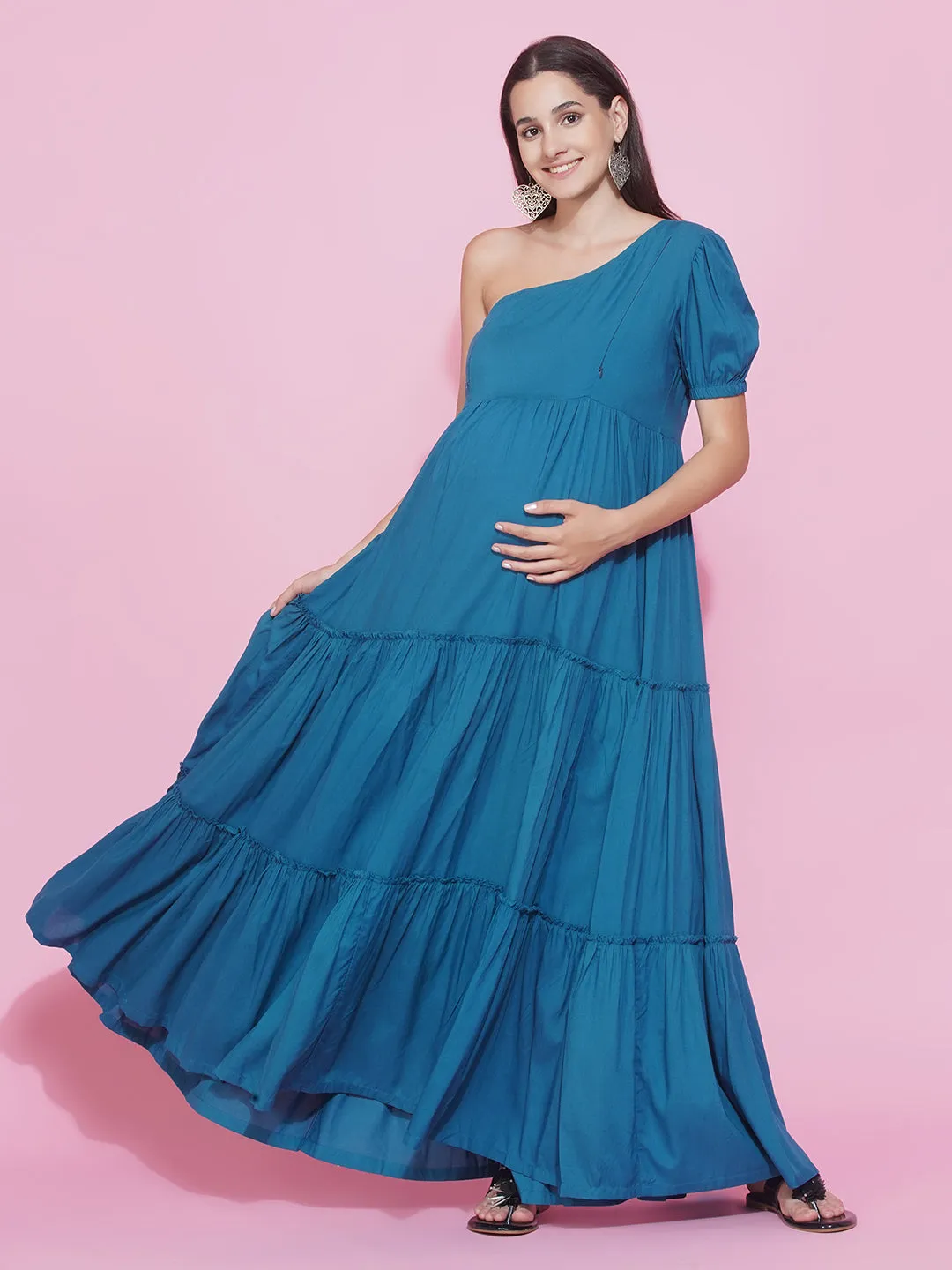 Maternity Solid Teal Blue Color Maxi Baby Shower Dress