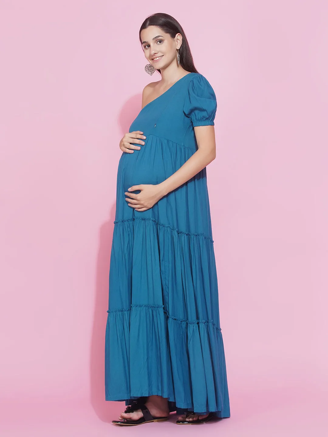 Maternity Solid Teal Blue Color Maxi Baby Shower Dress