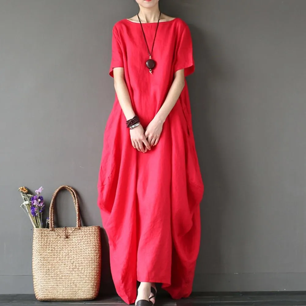 Maxi Dress O Neck Long Sleeve Cotton Linen Gown Robe