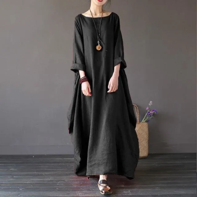 Maxi Dress O Neck Long Sleeve Cotton Linen Gown Robe