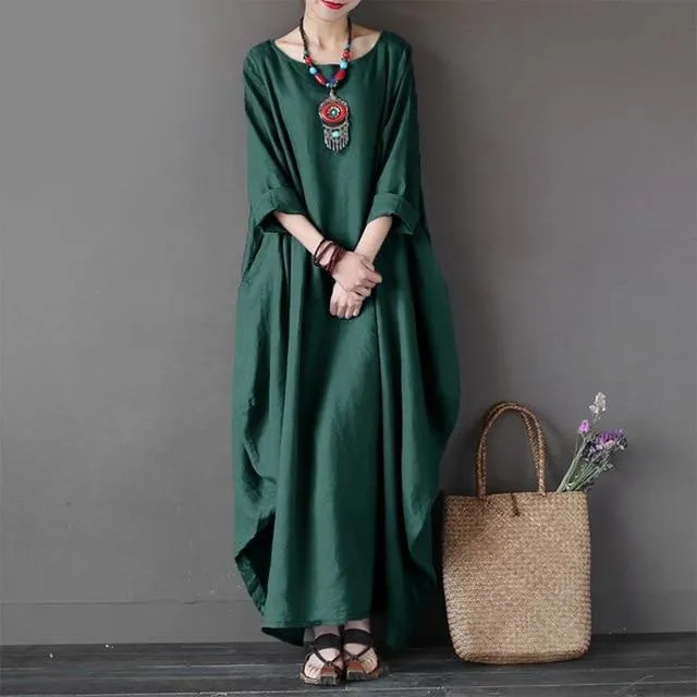 Maxi Dress O Neck Long Sleeve Cotton Linen Gown Robe