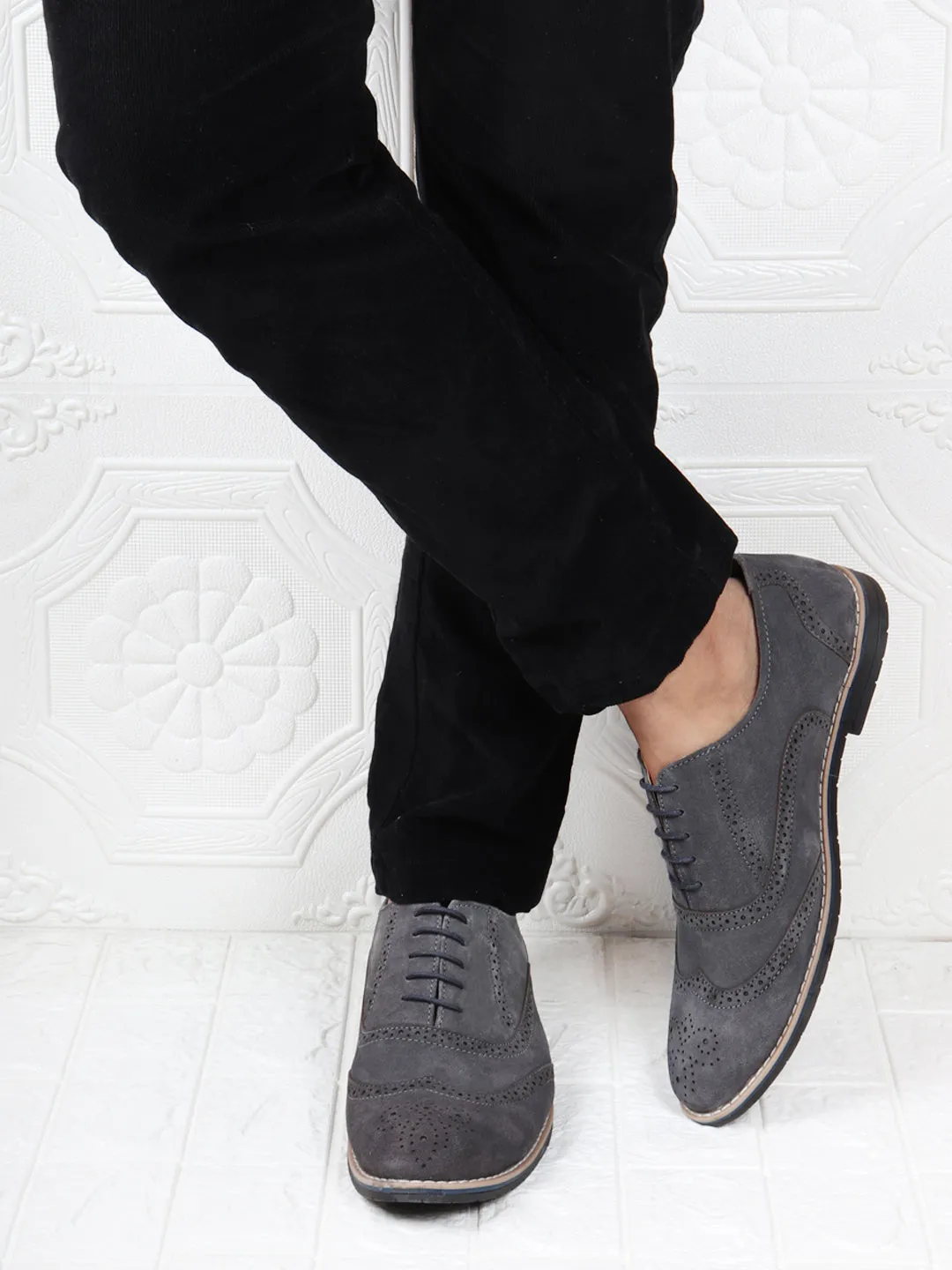 Men Grey Suede Leather Brogue Shoes with TPR Welted Sole