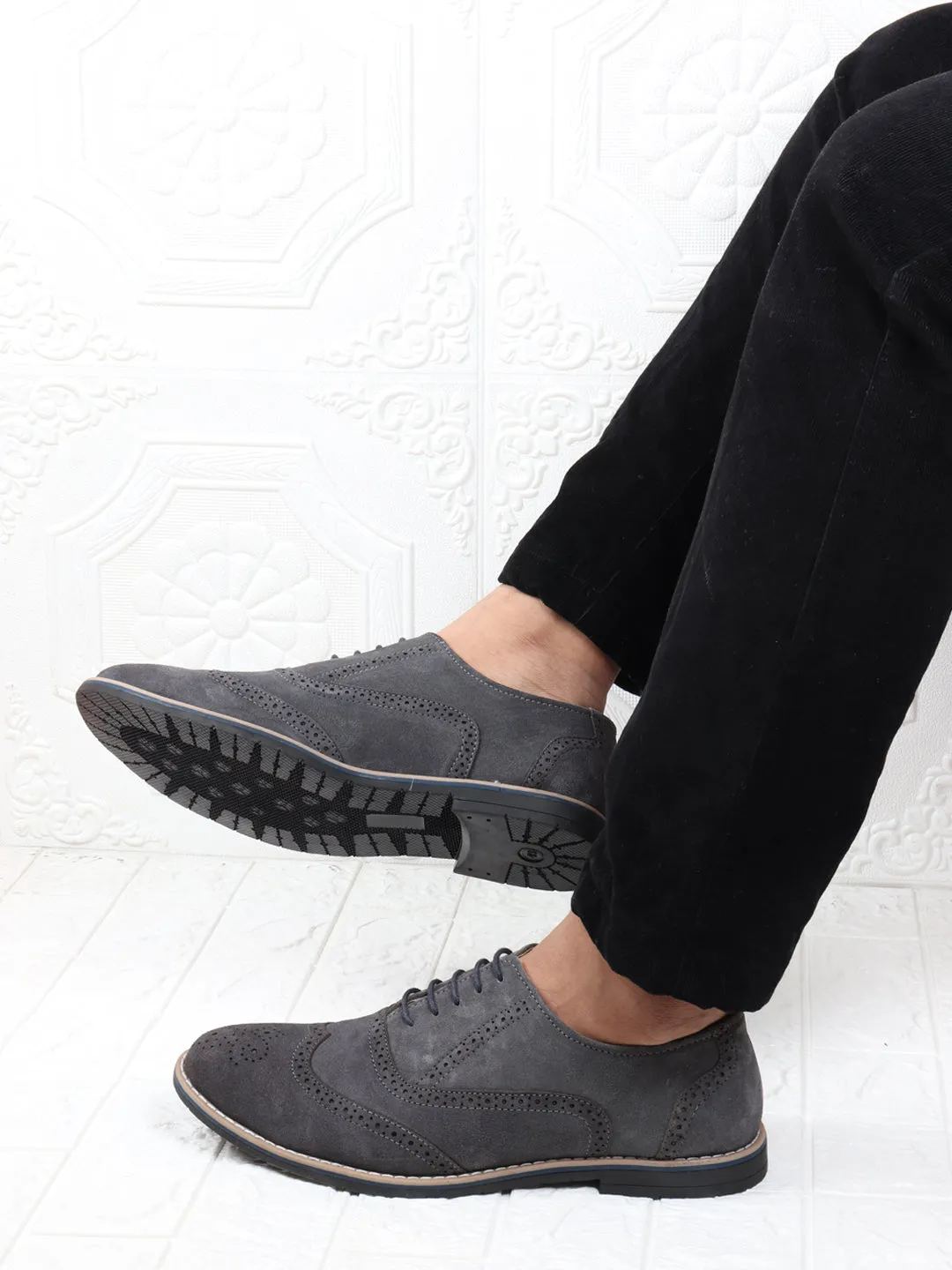 Men Grey Suede Leather Brogue Shoes with TPR Welted Sole