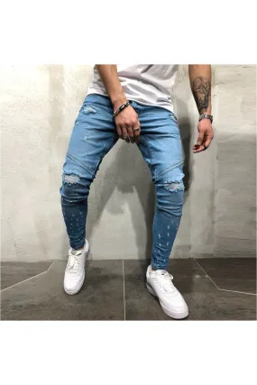 Men's Printed Denim Cotton Vintage Wash Hip Hop Work Trousers Jeans Pants