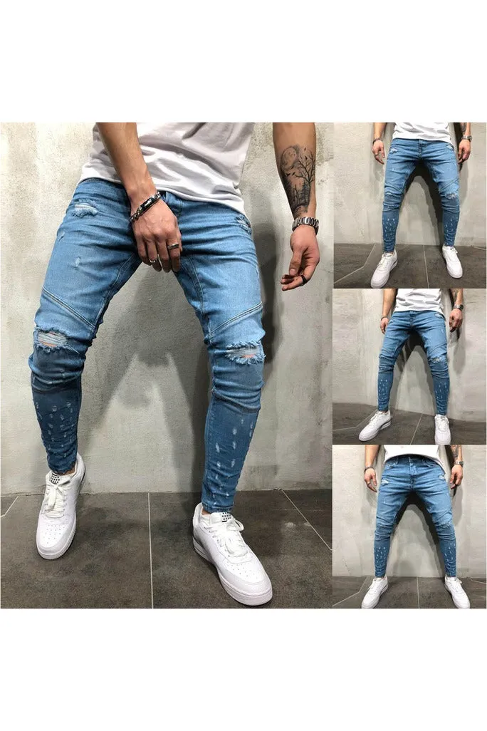 Men's Printed Denim Cotton Vintage Wash Hip Hop Work Trousers Jeans Pants