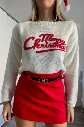 'Merry Christmas' Printed knitted Jumper Sweater Top-Ivory