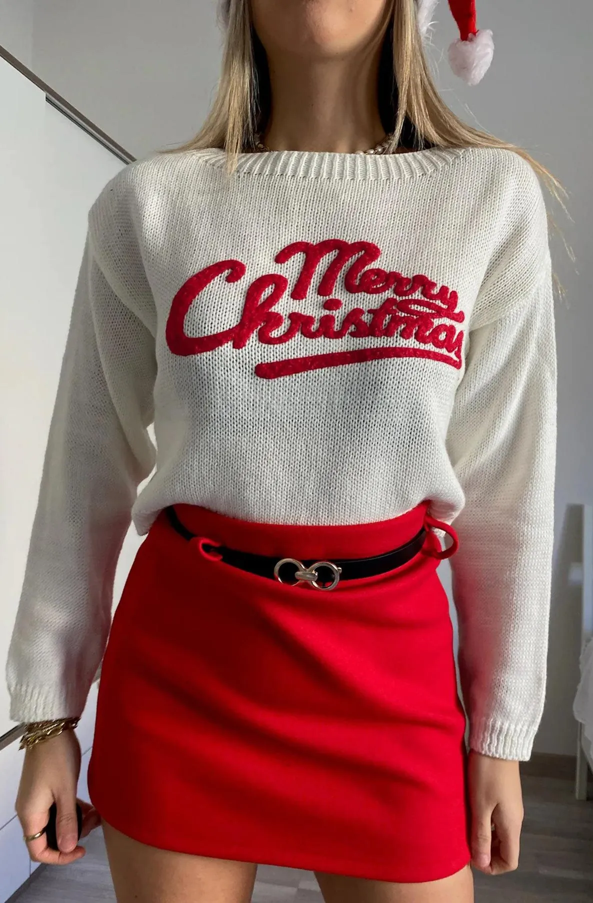 'Merry Christmas' Printed knitted Jumper Sweater Top-Ivory