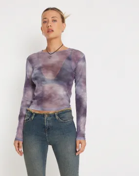 Narita Long Sleeve Mesh Crop Top in Smokey Gradients Purple