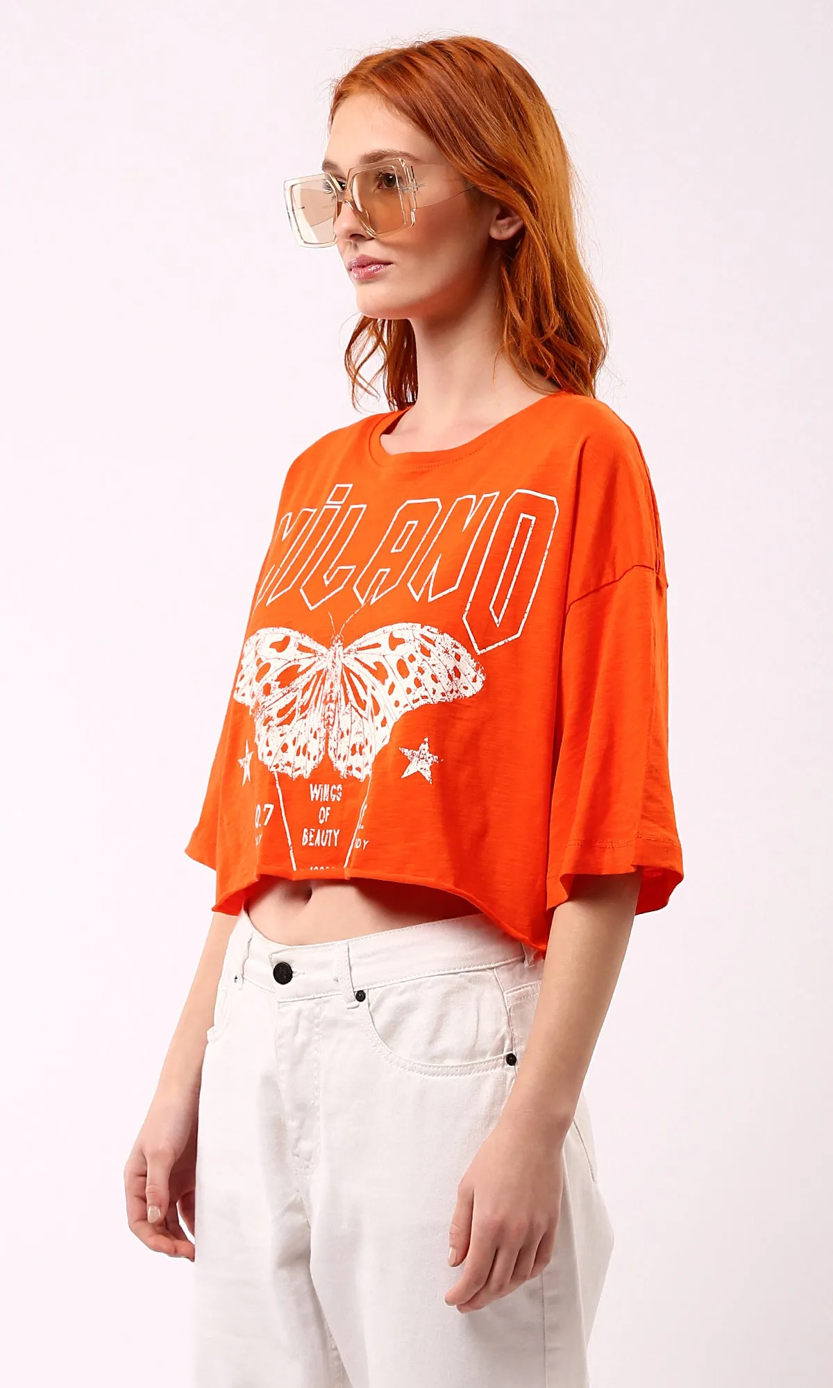 O180449 Printed Butterfly Loose Short Tee - Hot Orange