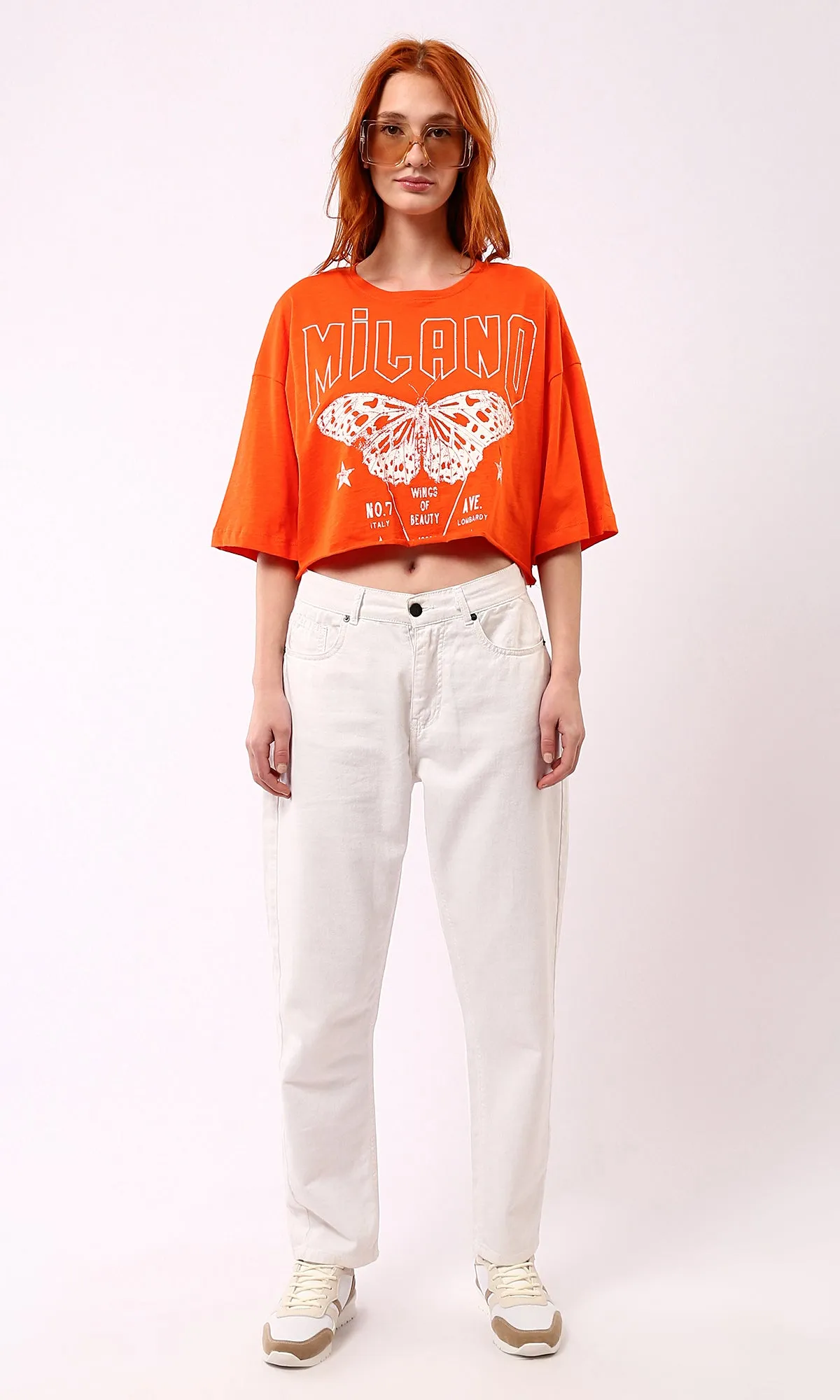 O180449 Printed Butterfly Loose Short Tee - Hot Orange