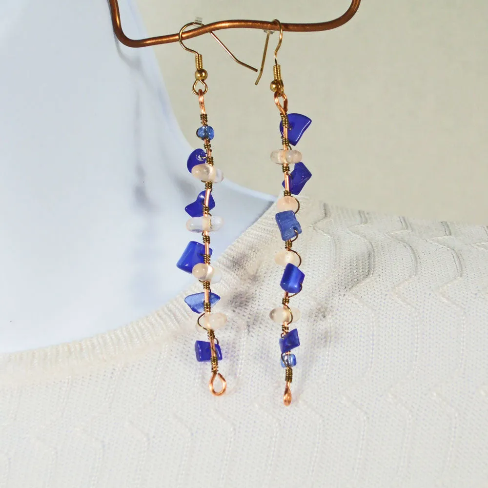 Pansy Blue Beaded Long Earrings