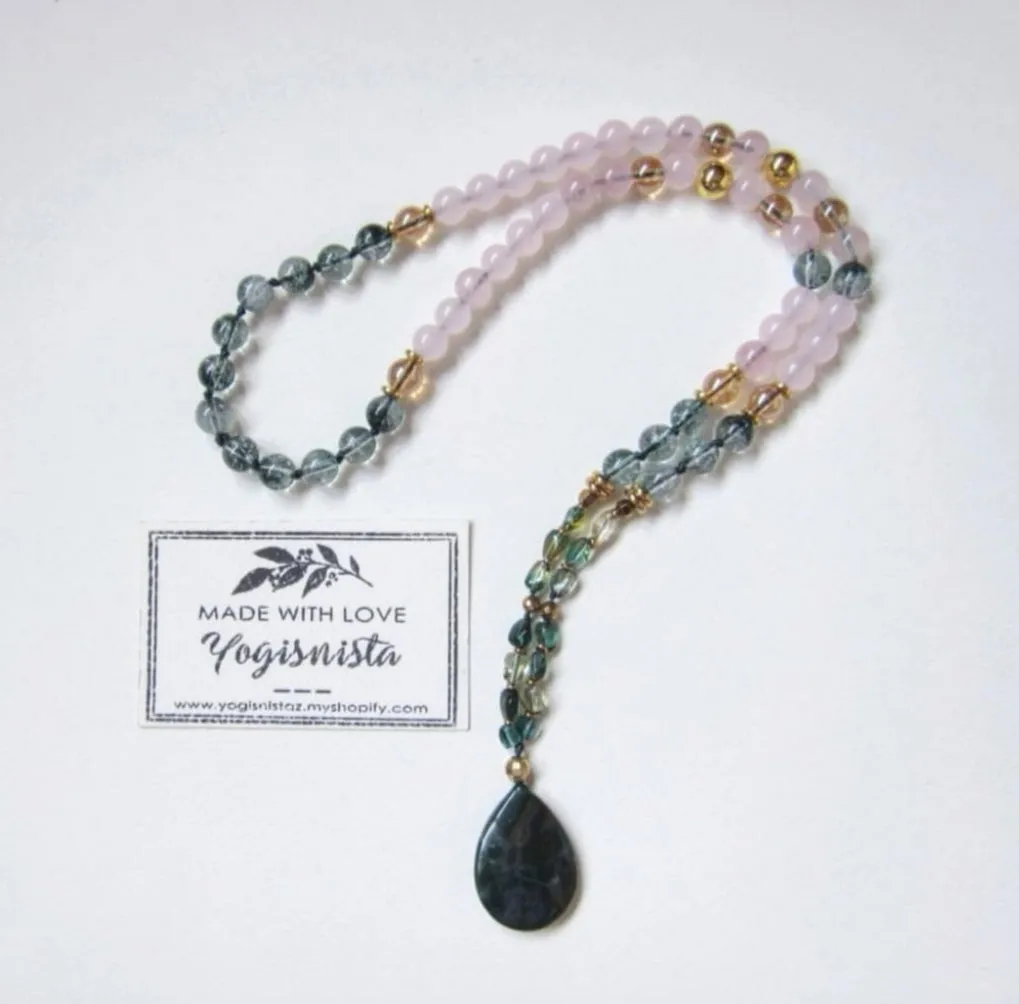 Pink and Phantom Quartz Love Mala Necklace in Dark Green Emerald Pendant