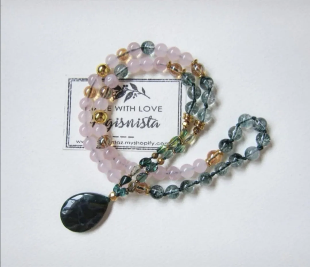 Pink and Phantom Quartz Love Mala Necklace in Dark Green Emerald Pendant