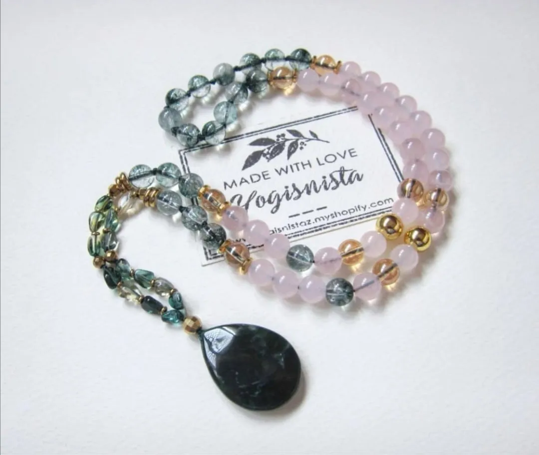 Pink and Phantom Quartz Love Mala Necklace in Dark Green Emerald Pendant