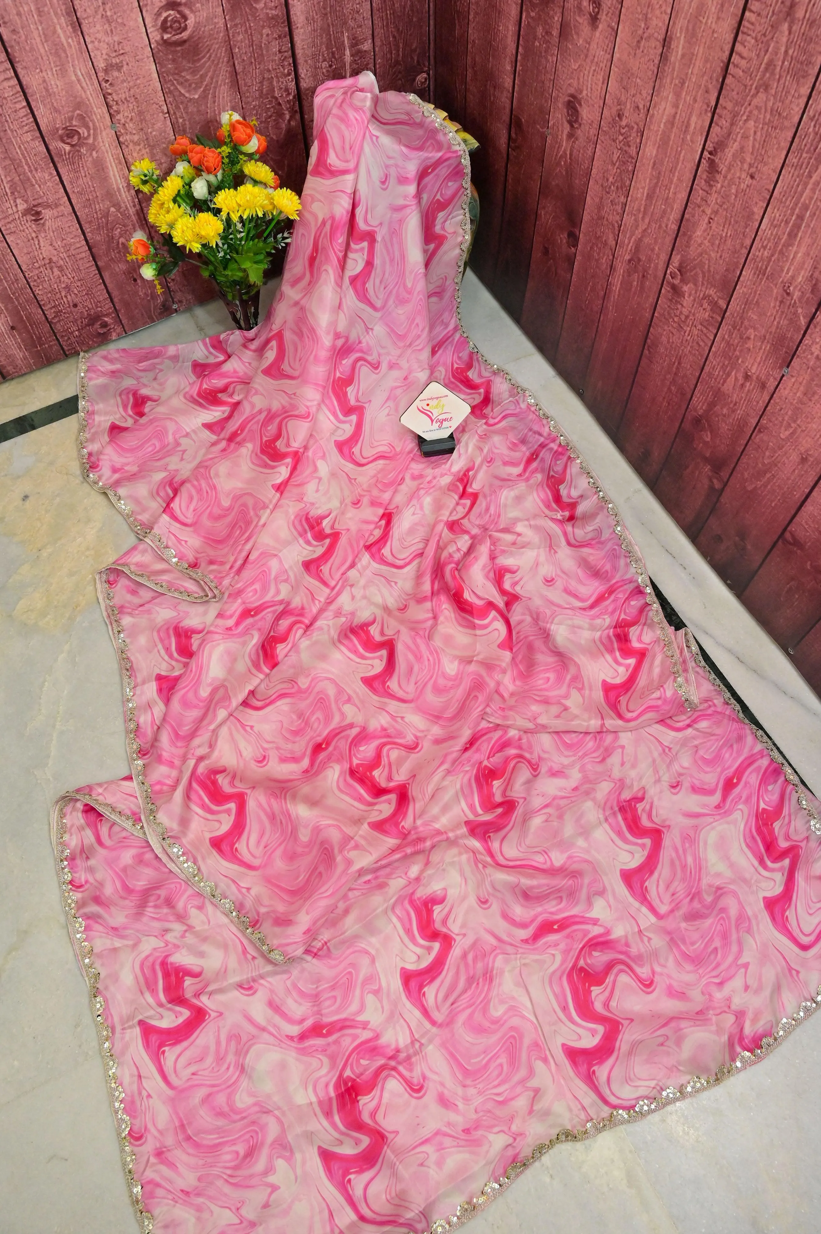 Pink Color Designer Satin Silk Saree with Digital Floral Print