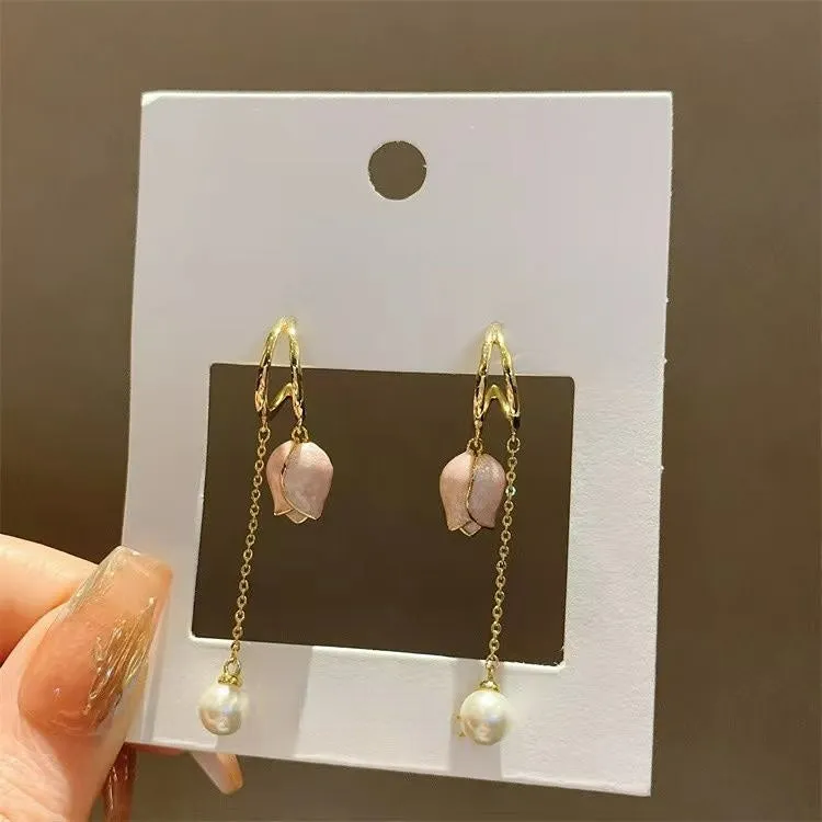 Pink tulip fringe long pearl earrings MK18474