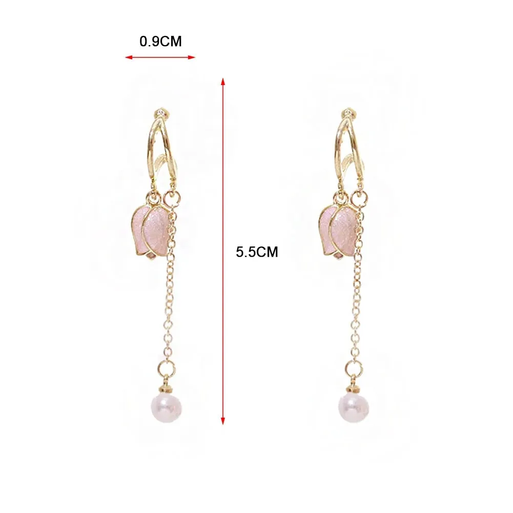 Pink tulip fringe long pearl earrings MK18474