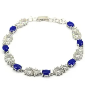 Real Blue Sapphire White CZ Sterling Silver Tennis Bracelet