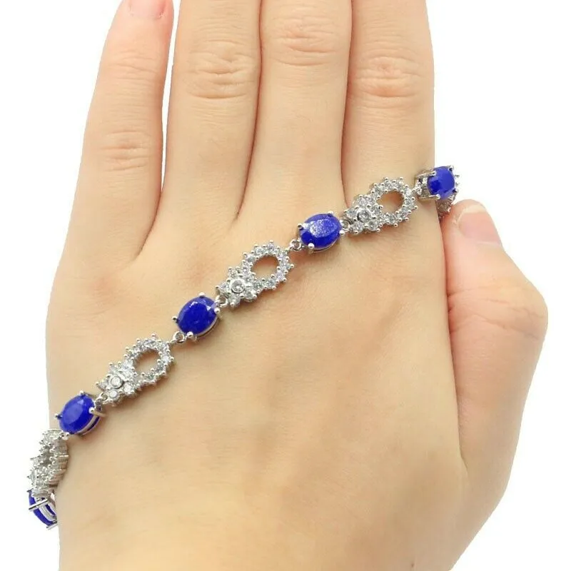 Real Blue Sapphire White CZ Sterling Silver Tennis Bracelet