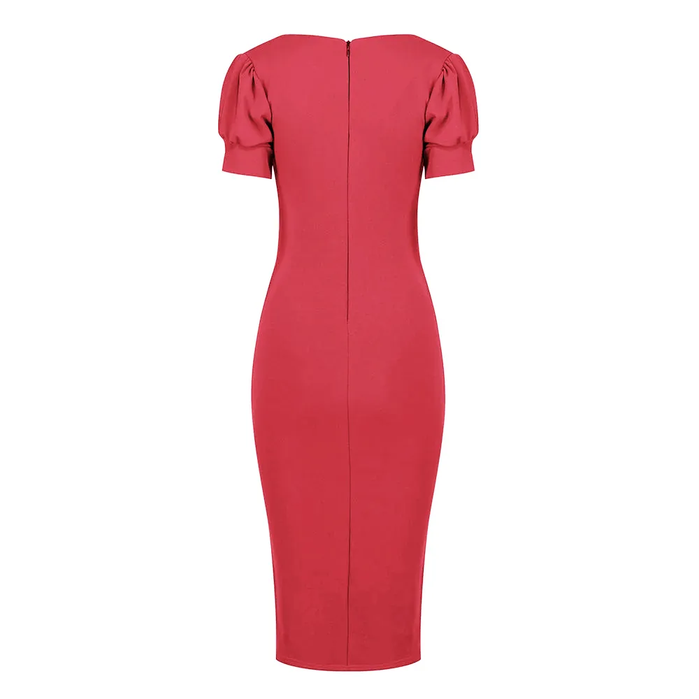 Red Puff Sleeve V Neck Bodycon Pencil Dress