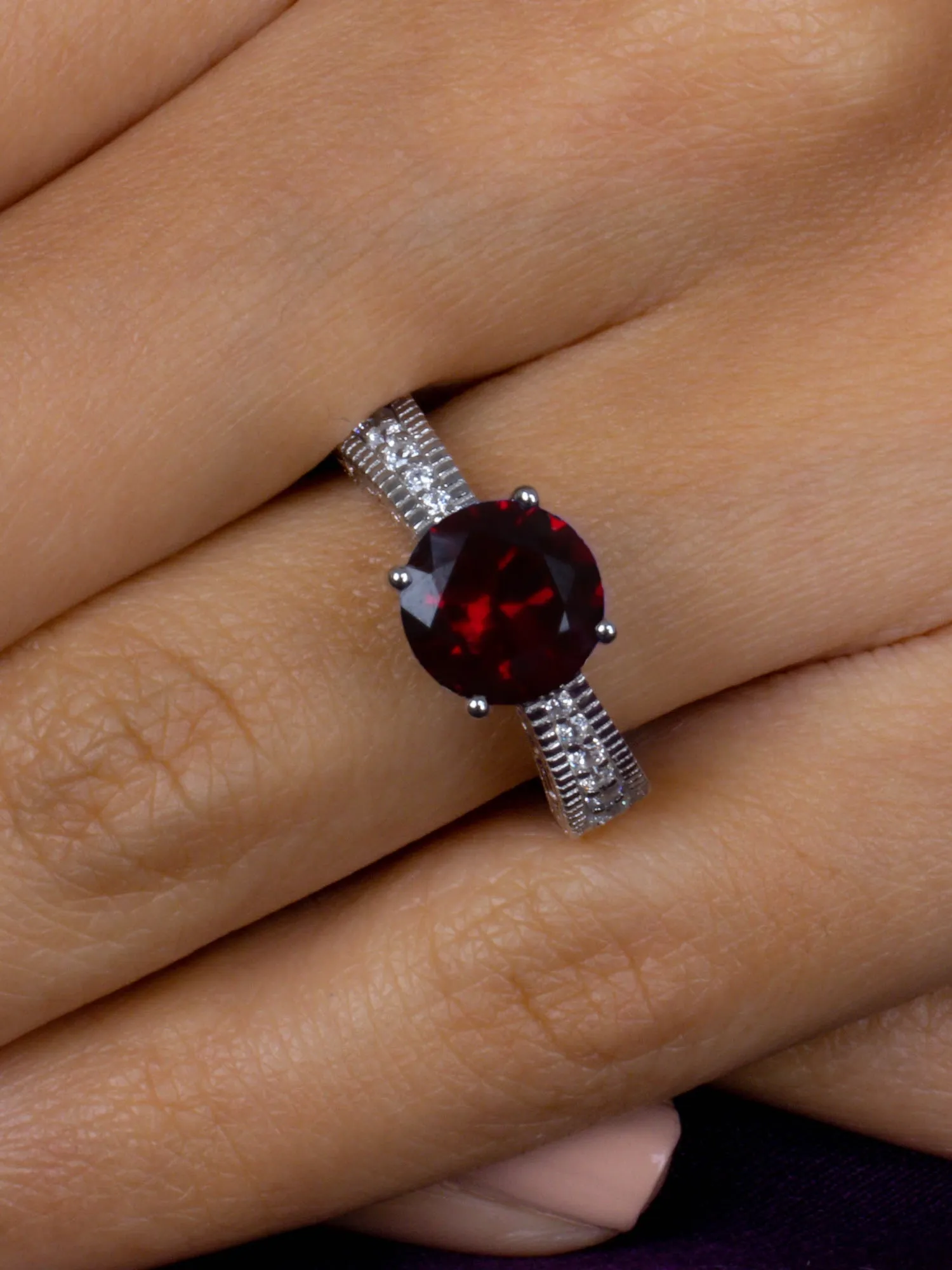 Red Ruby Silver Solitaire Ring For Women