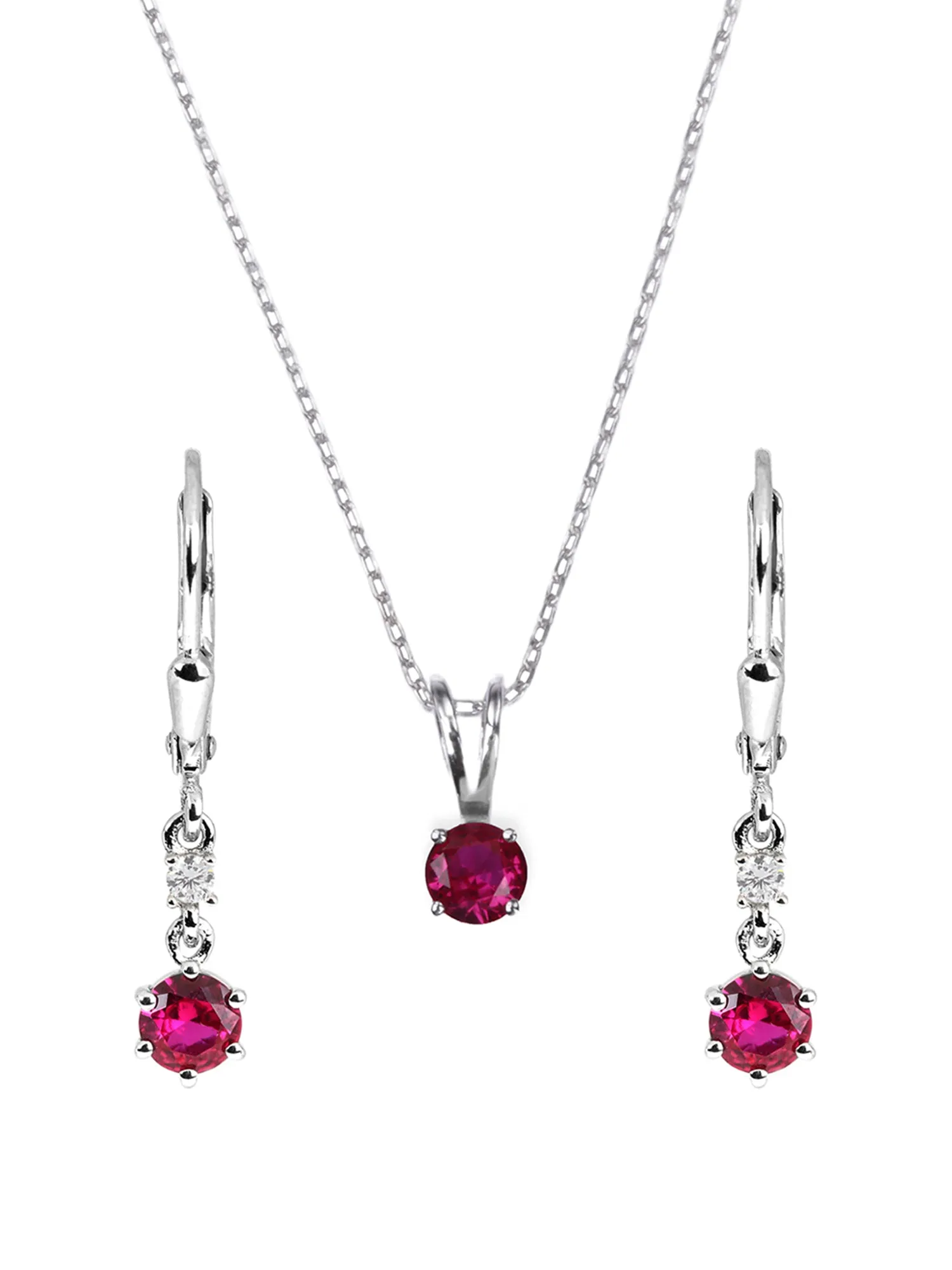 Ruby Solatire Necklace With Long Earrings Pure Silver Set