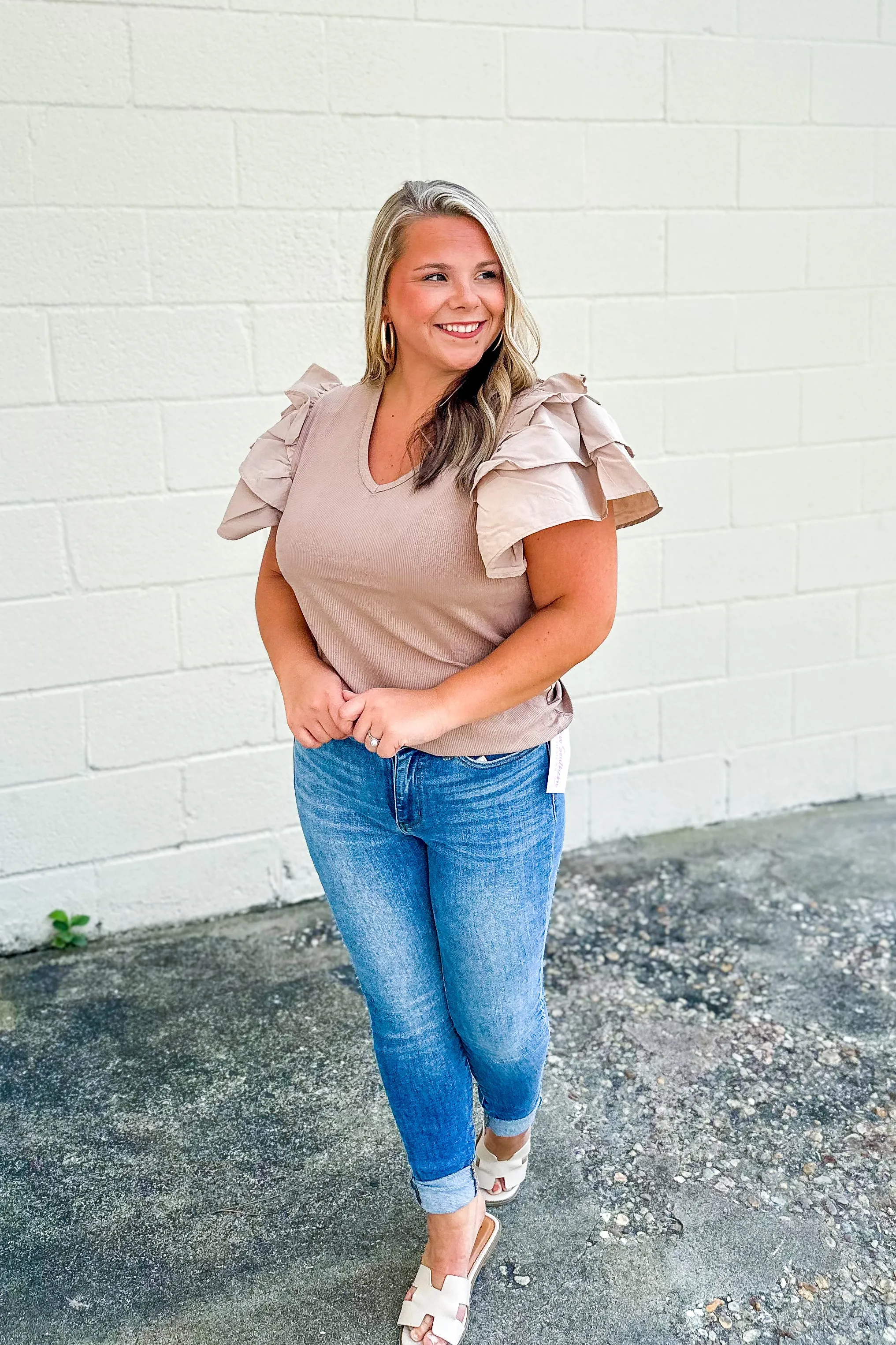 Show The Crowd Ruffle Sleeve Top, Beige